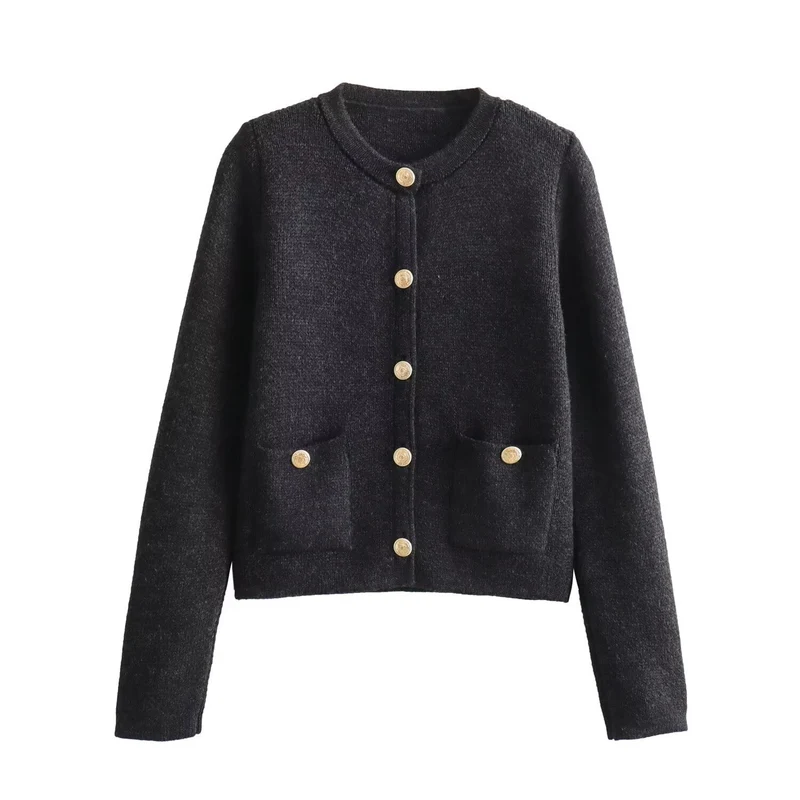 Damen Kurzgeschnittener Bouclé-Cardigan mit Rundhals, Pattentaschen und Münzknöpfen Drune