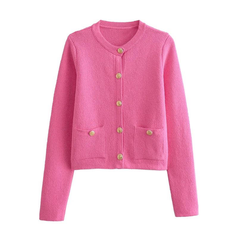 Damen Kurzgeschnittener Bouclé-Cardigan mit Rundhals, Pattentaschen und Münzknöpfen Drune