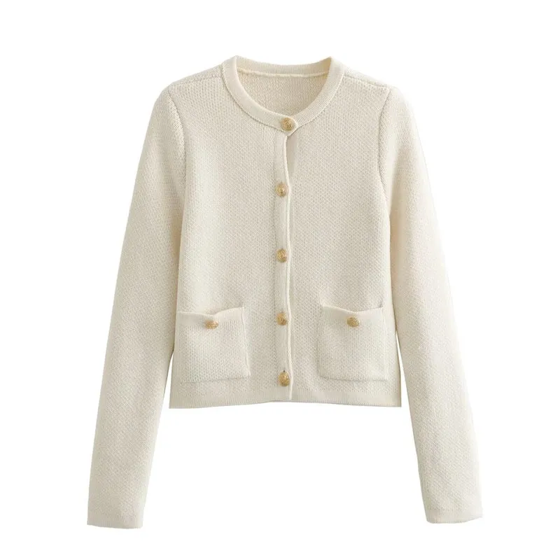 Damen Kurzgeschnittener Bouclé-Cardigan mit Rundhals, Pattentaschen und Münzknöpfen Drune
