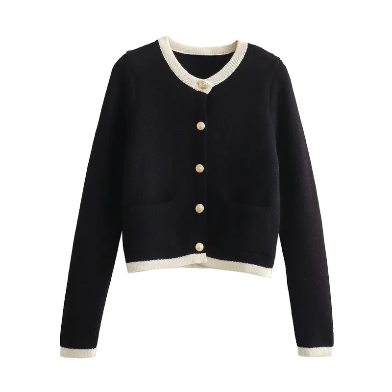 Damen Kurzgeschnittener Bouclé-Cardigan mit Rundhals, Pattentaschen und Münzknöpfen Drune