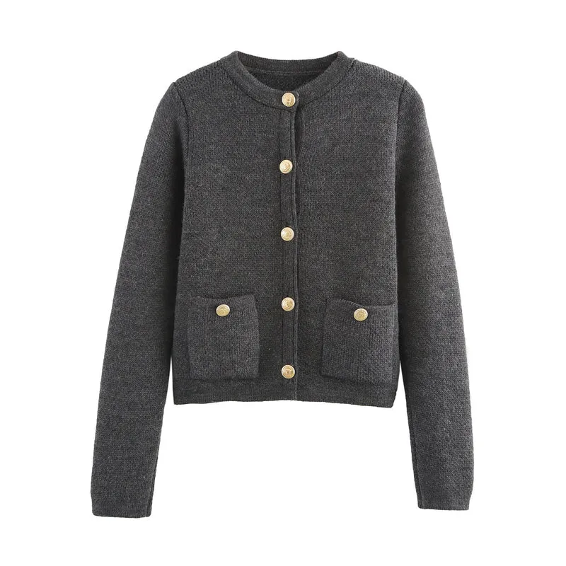 Damen Kurzgeschnittener Bouclé-Cardigan mit Rundhals, Pattentaschen und Münzknöpfen Drune