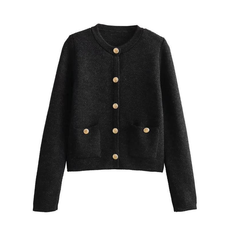 Damen Kurzgeschnittener Bouclé-Cardigan mit Rundhals, Pattentaschen und Münzknöpfen Drune