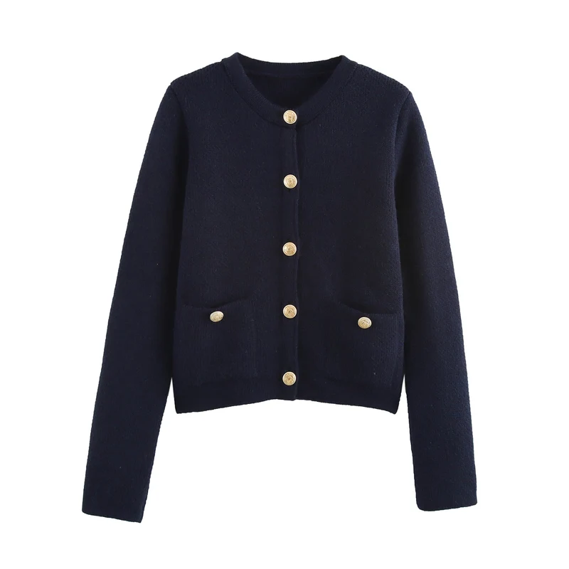 Damen Kurzgeschnittener Bouclé-Cardigan mit Rundhals, Pattentaschen und Münzknöpfen Drune
