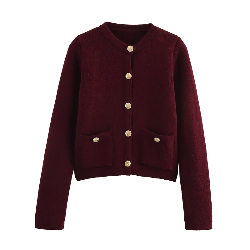 Damen Kurzgeschnittener Bouclé-Cardigan mit Rundhals, Pattentaschen und Münzknöpfen Drune