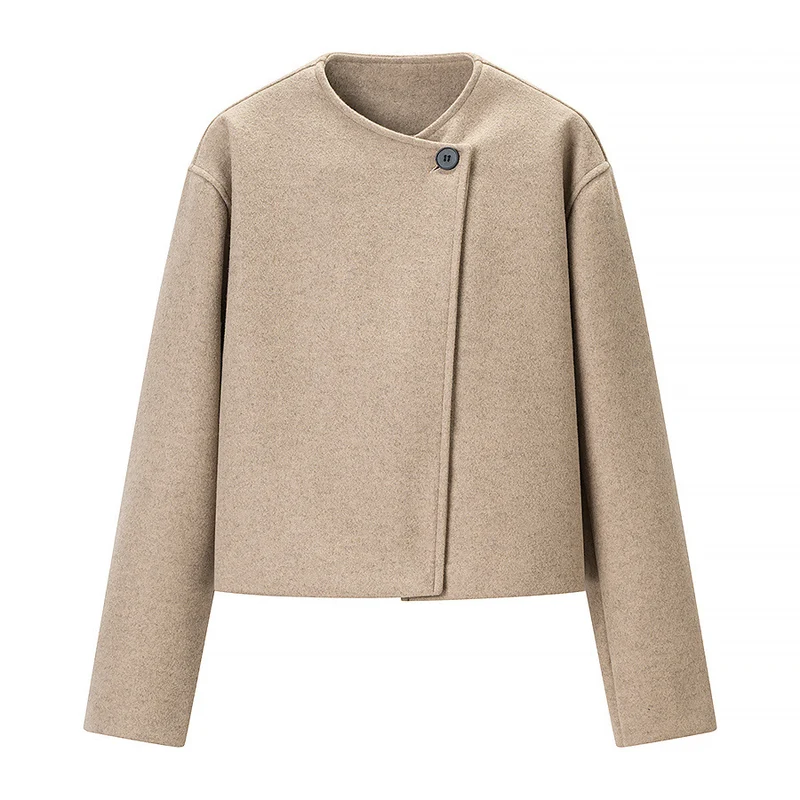 Damen Kurzgeschnittene Woll-Boxyjacke mit asymmetrischer Knopfleiste Drune