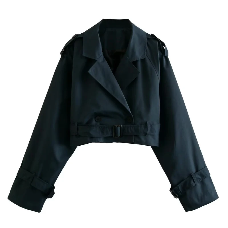 Damen kurzgeschnittene Trenchjacke mit Epauletten, Taillengürtel und verstellbaren Manschetten Drune