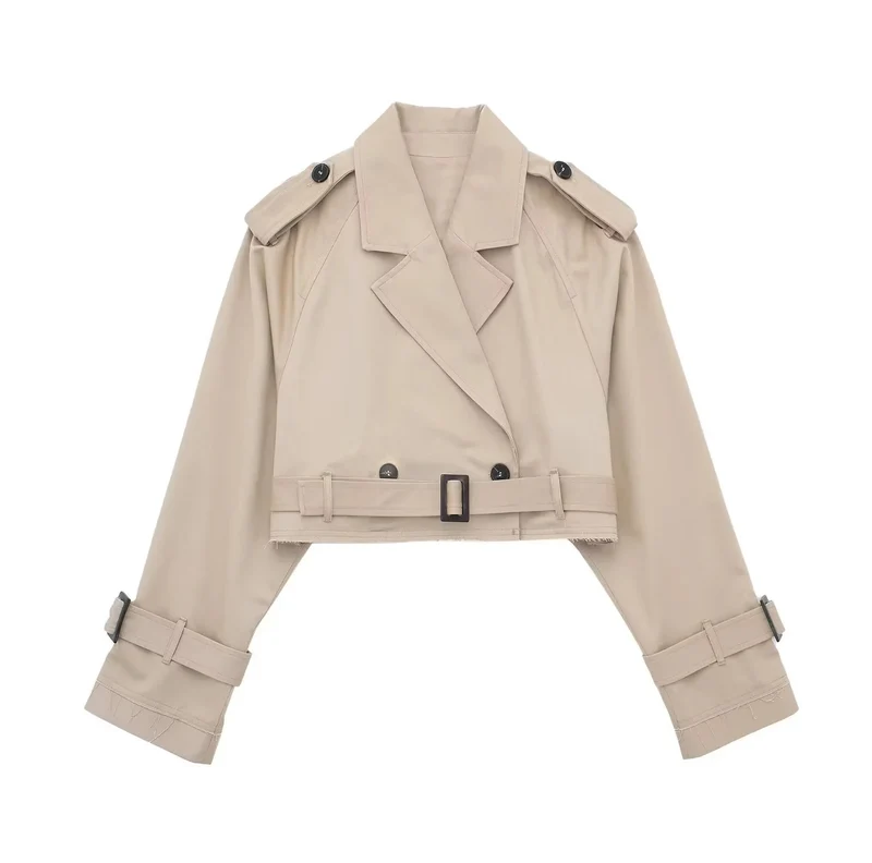 Damen kurzgeschnittene Trenchjacke mit Epauletten, Taillengürtel und verstellbaren Manschetten Drune