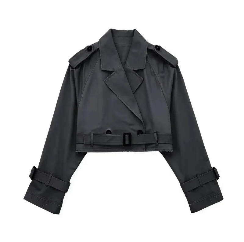 Damen kurzgeschnittene Trenchjacke mit Epauletten, Taillengürtel und verstellbaren Manschetten Drune