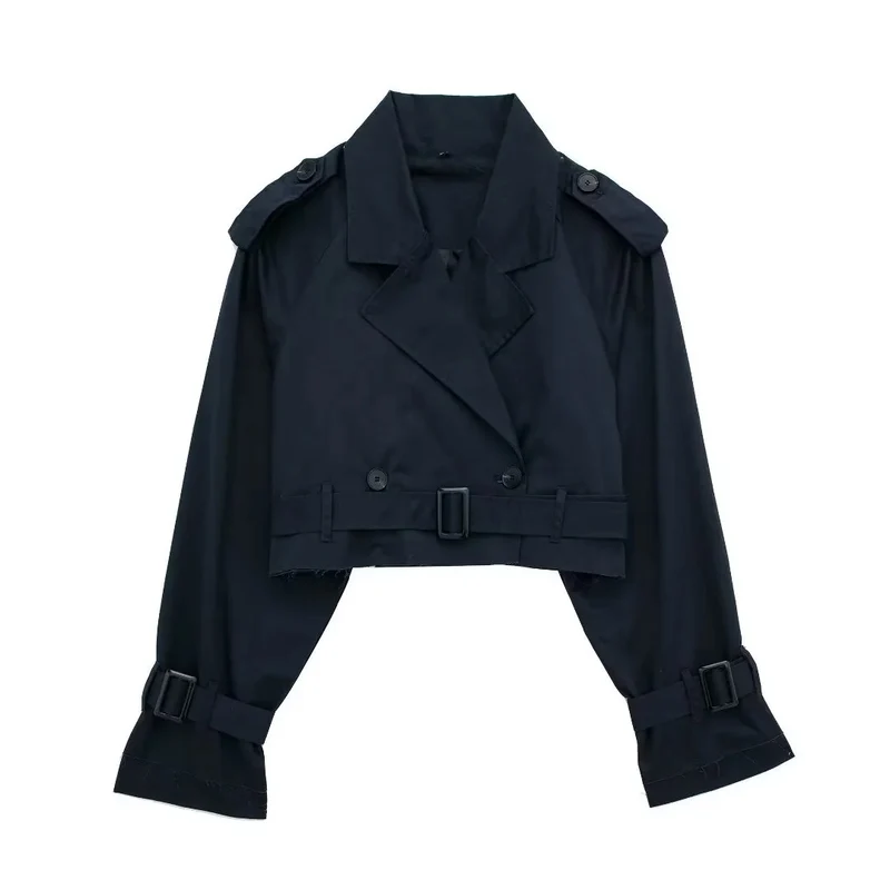 Damen kurzgeschnittene Trenchjacke mit Epauletten, Taillengürtel und verstellbaren Manschetten Drune