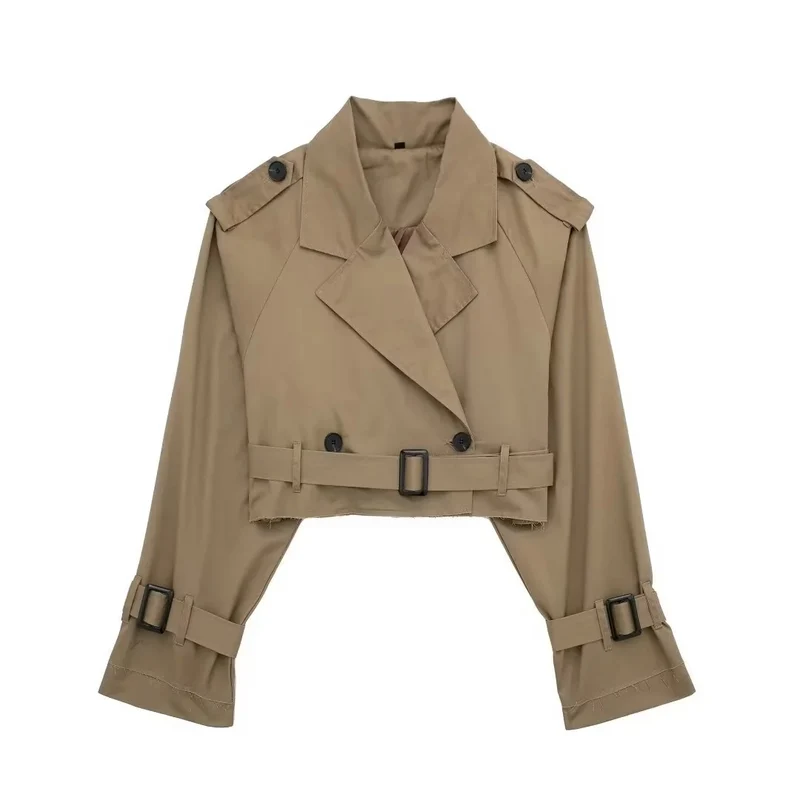 Damen kurzgeschnittene Trenchjacke mit Epauletten, Taillengürtel und verstellbaren Manschetten Drune