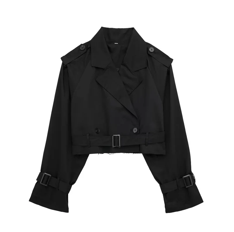 Damen kurzgeschnittene Trenchjacke mit Epauletten, Taillengürtel und verstellbaren Manschetten Drune