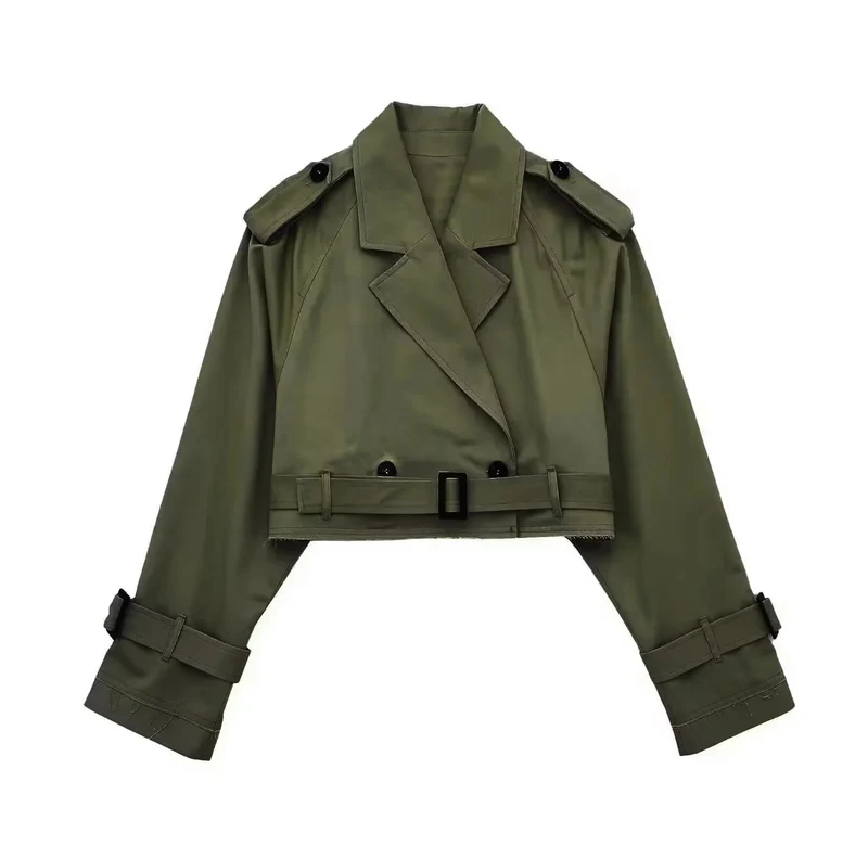 Damen kurzgeschnittene Trenchjacke mit Epauletten, Taillengürtel und verstellbaren Manschetten Drune