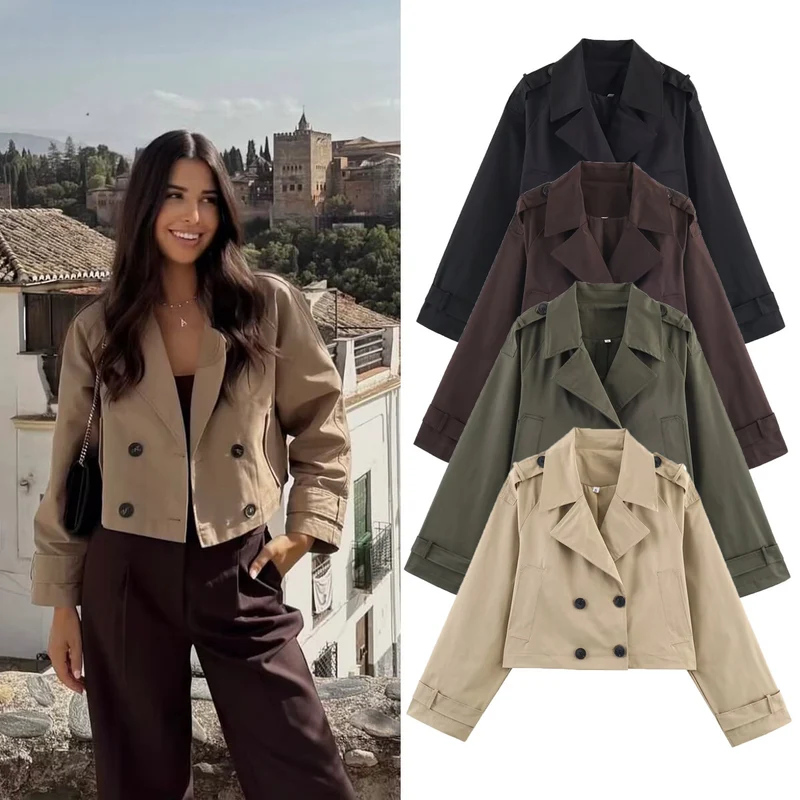 Damen Kurzgeschnittene Trenchjacke im Boxy‑Schnitt mit Doppelreiher und Schulterriegeln Drune