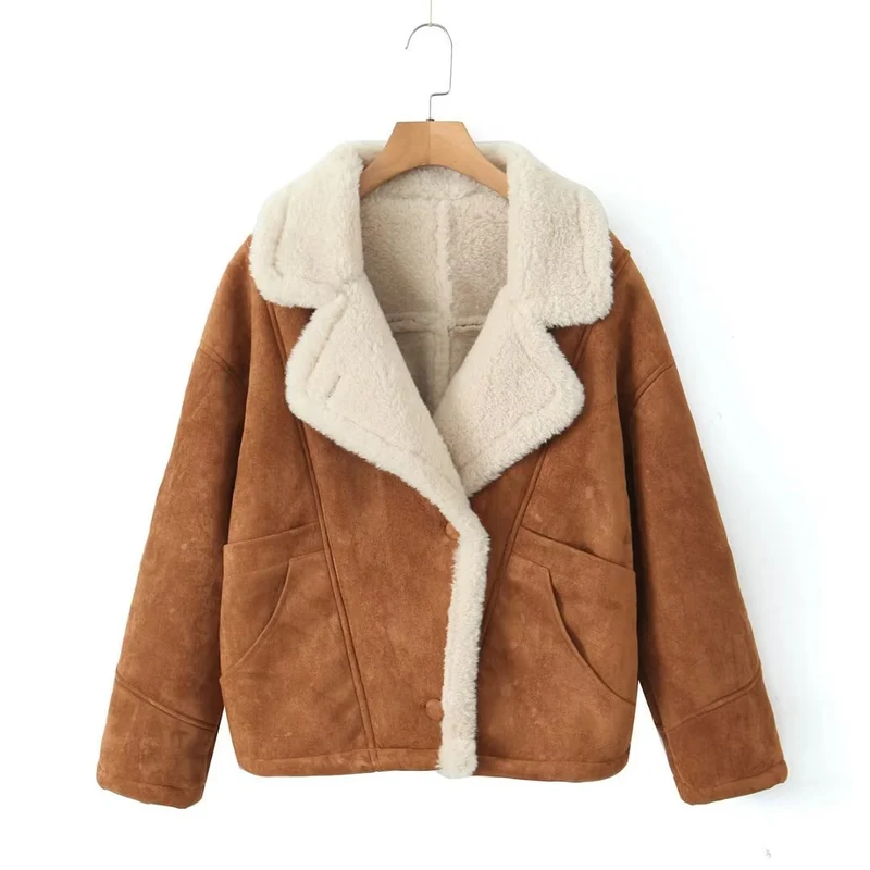 Damen Kurzgeschnittene Fliegerjacke aus Veloursimitat mit Teddyfutter und großem Revers Drune
