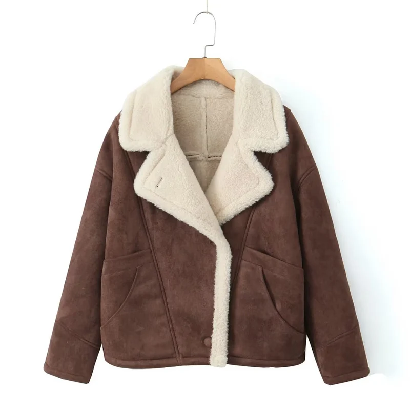 Damen Kurzgeschnittene Fliegerjacke aus Veloursimitat mit Teddyfutter und großem Revers Drune