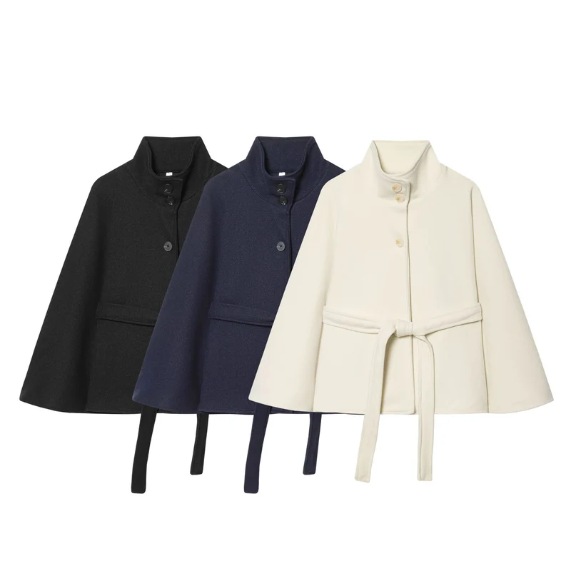Damen Kurzes Cape-Mantel mit Stehkragen, Knopfleiste und Bindegürtel Drune