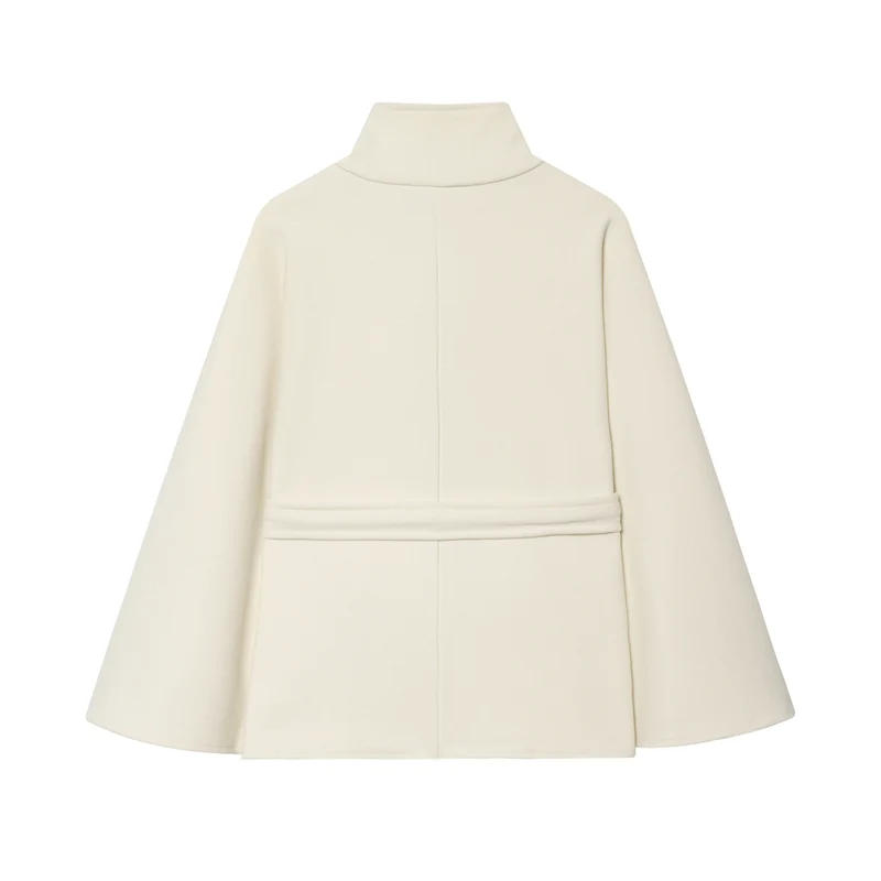 Damen Kurzes Cape-Mantel mit Stehkragen, Knopfleiste und Bindegürtel Drune