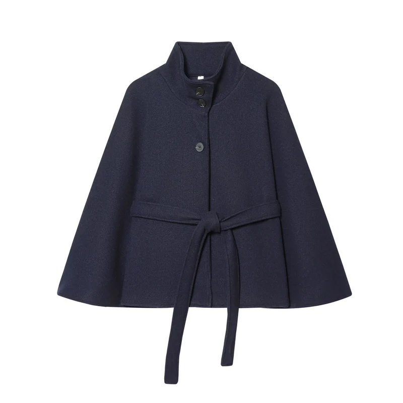Damen Kurzes Cape-Mantel mit Stehkragen, Knopfleiste und Bindegürtel Drune