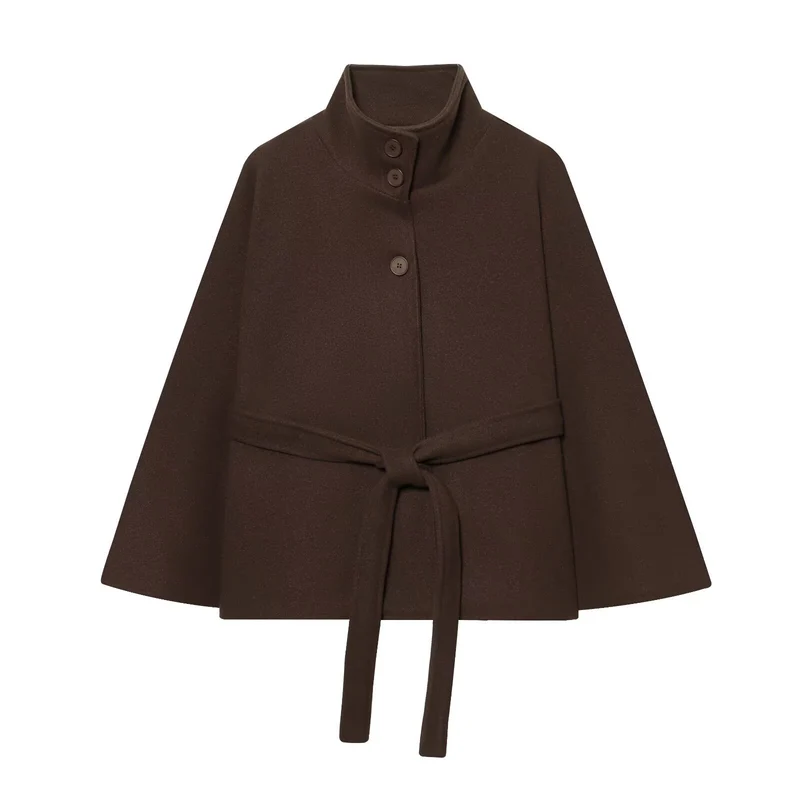 Damen Kurzes Cape-Mantel mit Stehkragen, Knopfleiste und Bindegürtel Drune