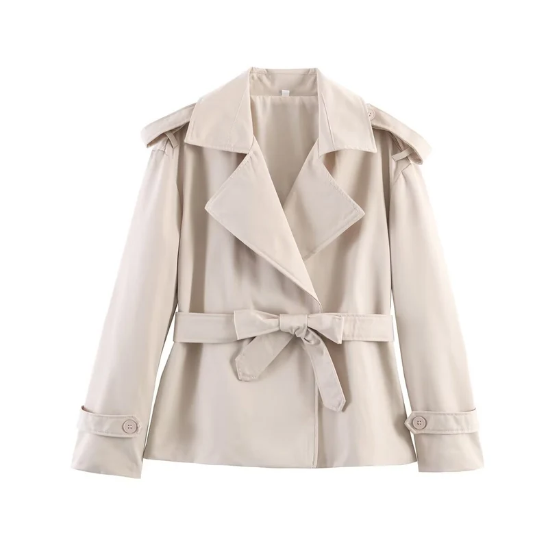 Damen kurzer Trenchcoat mit Taillengürtel, doppelreihiger Front und Schulterklappen Drune