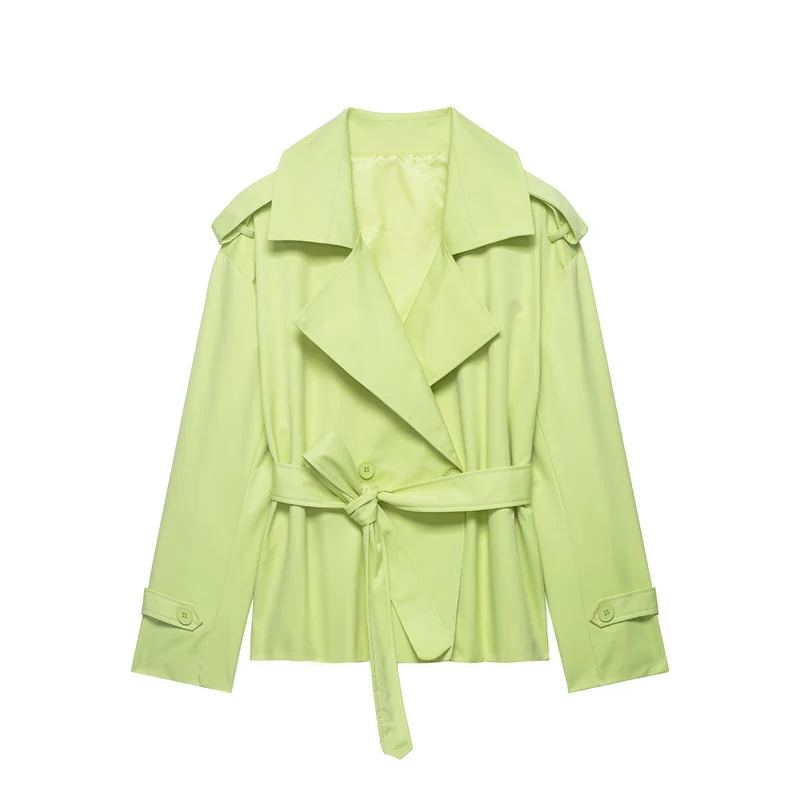 Damen kurzer Trenchcoat mit Taillengürtel, doppelreihiger Front und Schulterklappen Drune