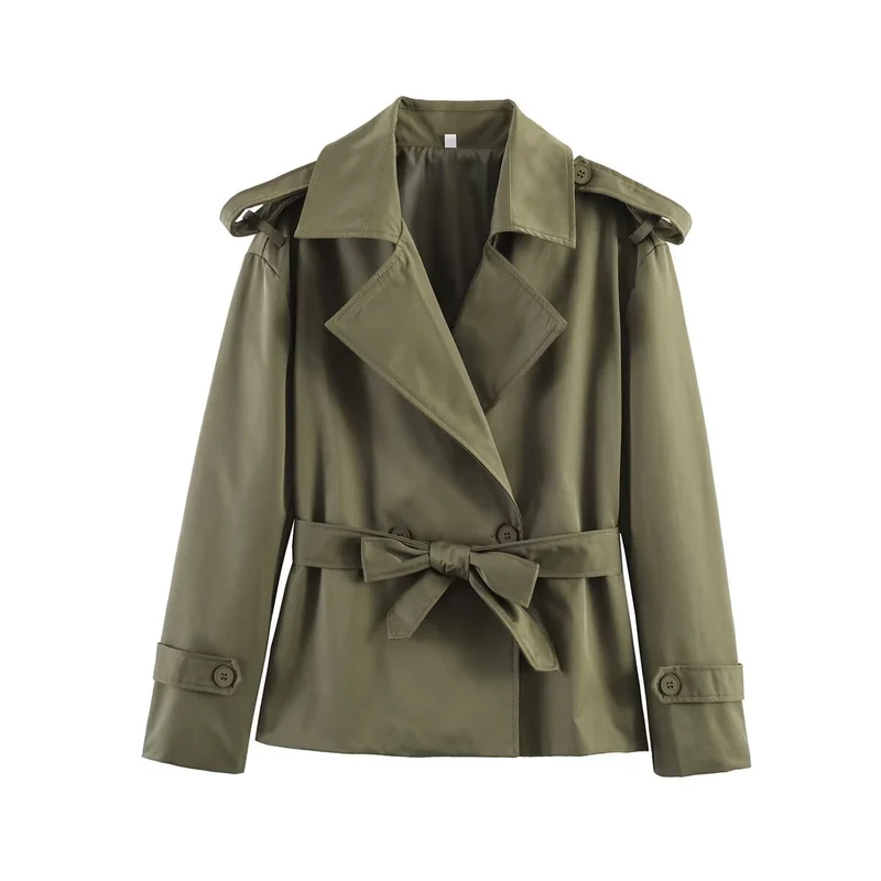 Damen kurzer Trenchcoat mit Taillengürtel, doppelreihiger Front und Schulterklappen Drune