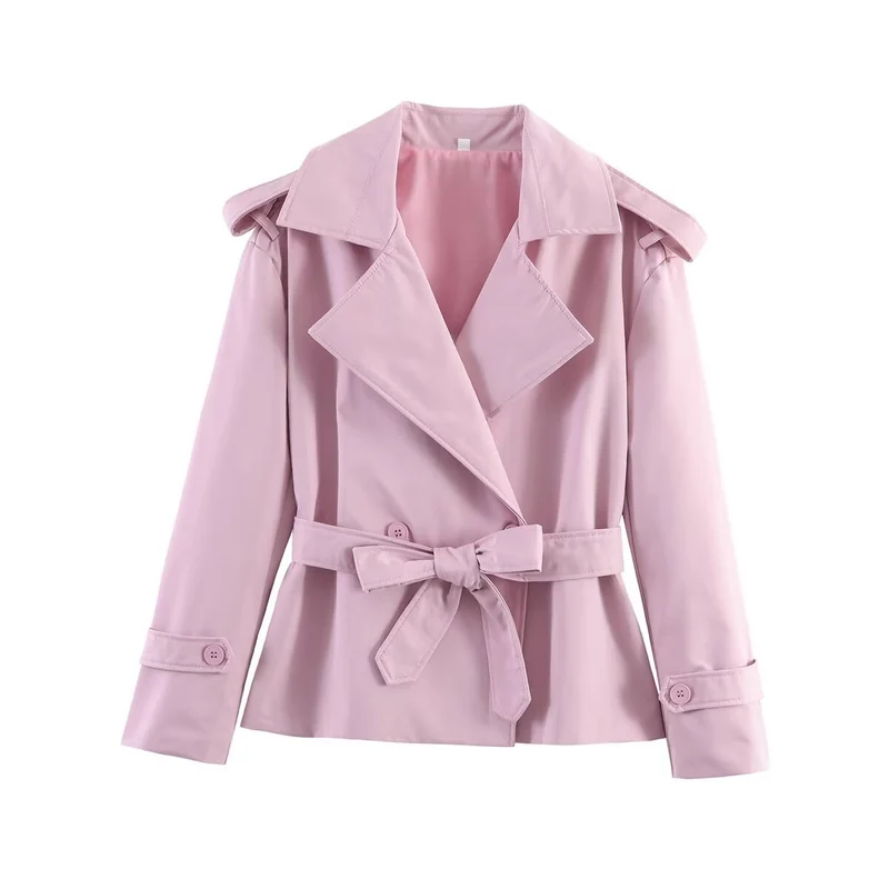 Damen kurzer Trenchcoat mit Taillengürtel, doppelreihiger Front und Schulterklappen Drune
