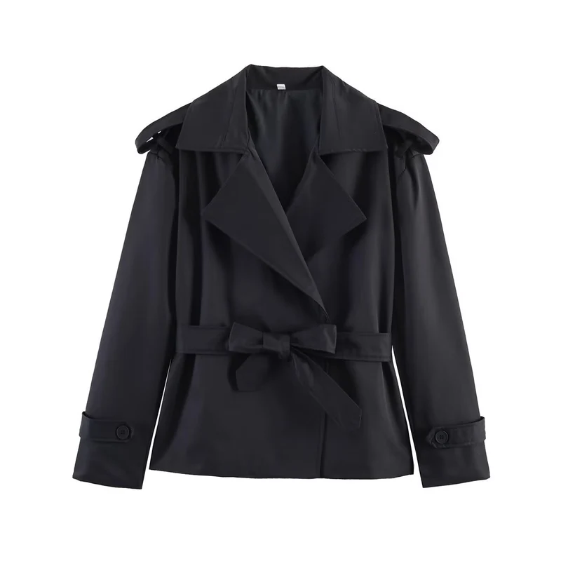 Damen kurzer Trenchcoat mit Taillengürtel, doppelreihiger Front und Schulterklappen Drune