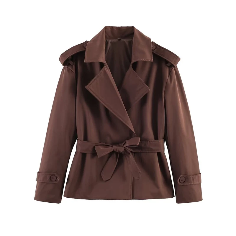 Damen kurzer Trenchcoat mit Taillengürtel, doppelreihiger Front und Schulterklappen Drune