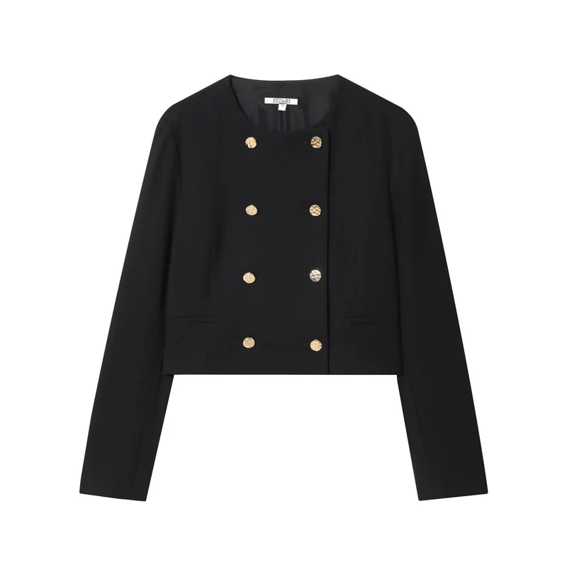 Damen Kurzer Doppelreihiger Blazer mit Rundhals und Zierknöpfen Drune