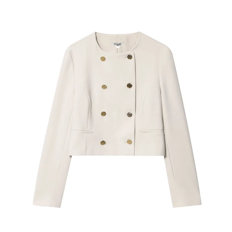 Damen Kurzer Doppelreihiger Blazer mit Rundhals und Zierknöpfen Drune