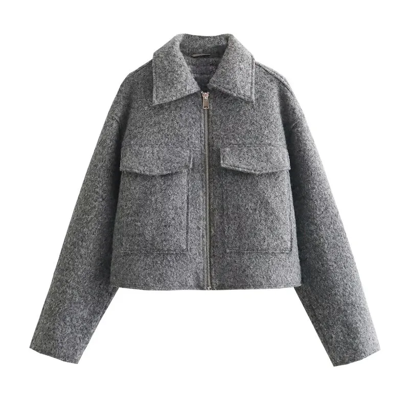 Damen Kurze Wolloptik-Boxyjacke mit Reißverschluss und aufgesetzten Pattentaschen Drune