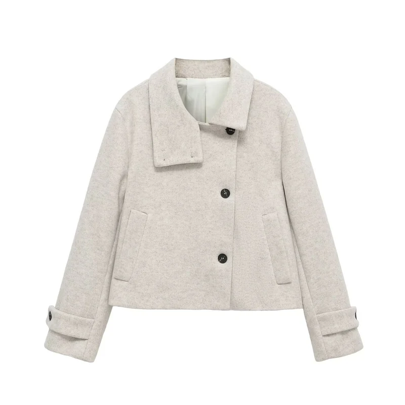 Damen Kurze Wollmischjacke mit Umschlagkragen, Kastenform und verstellbaren Manschetten Drune