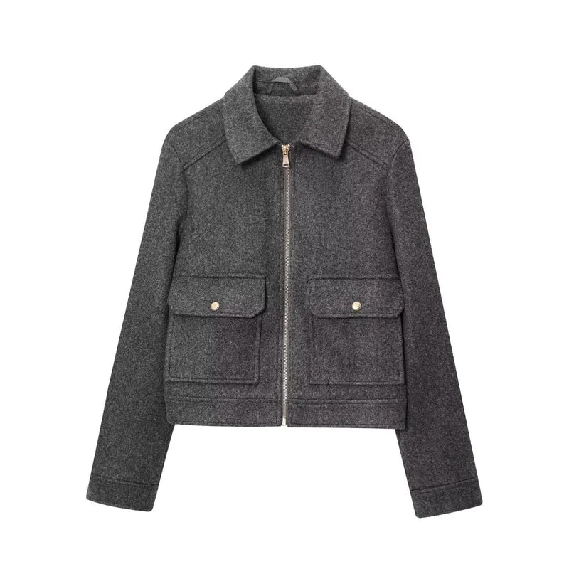 Damen Kurze Wollimitat-Fieldjacke mit durchgehendem Reißverschluss und vier aufgesetzten Pattentaschen Drune