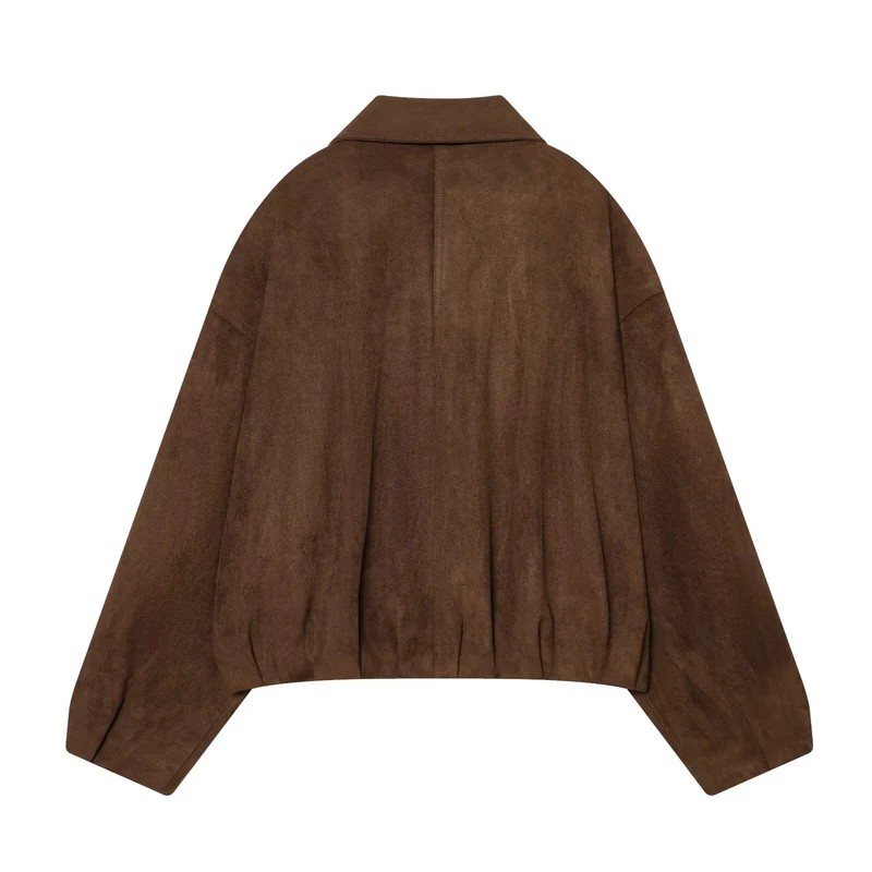 Damen Kurze Veloursleder-Bikerjacke mit Schulterklappen, Reißverschlusstaschen und kastiger Silhouette Drune