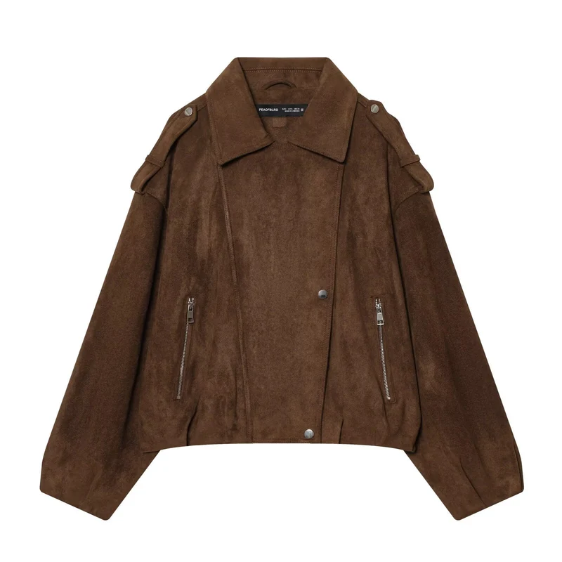 Damen Kurze Veloursleder-Bikerjacke mit Schulterklappen, Reißverschlusstaschen und kastiger Silhouette Drune