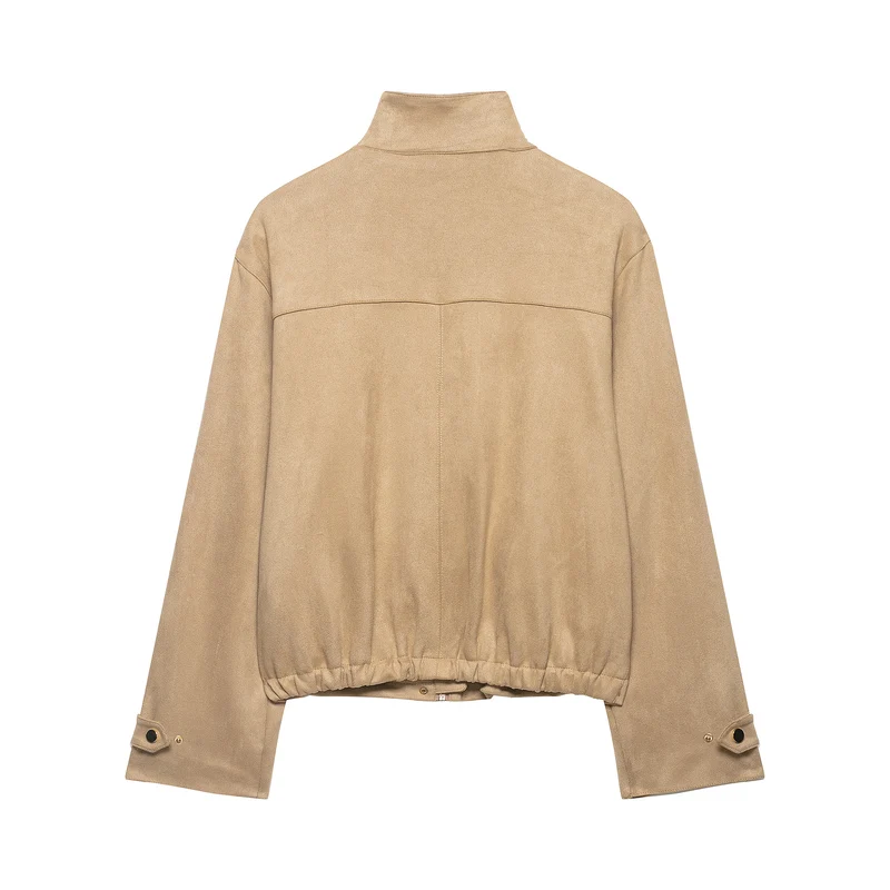 Damen Kurze Velours-Imitatjacke mit Stehkragen, Druckknopfleiste und aufgesetzten Taschen Drune
