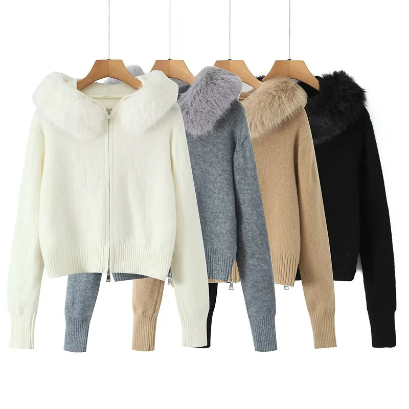 Damen Kurze Strickjacke mit Reißverschluss und abnehmbarem Kunstfellkragen Drune
