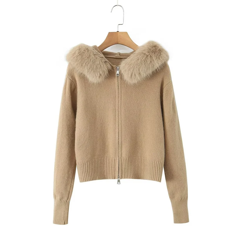 Damen Kurze Strickjacke mit Reißverschluss und abnehmbarem Kunstfellkragen Drune