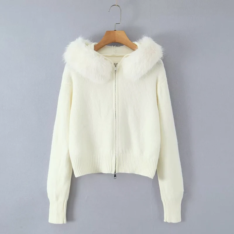 Damen Kurze Strickjacke mit Reißverschluss und abnehmbarem Kunstfellkragen Drune