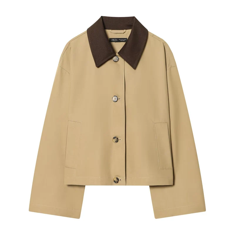 Damen Kurze Oversize-Harringtonjacke mit Kontrastkragen und aufgesetzten Taschen Drune