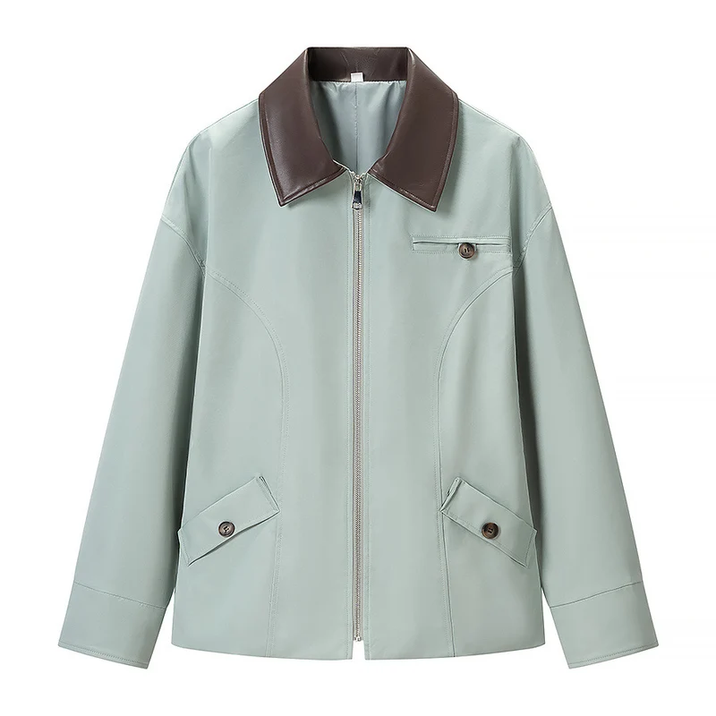 Damen Kurze Lederoptik-Blousonjacke mit Kontrastkragen und Reißverschluss Drune
