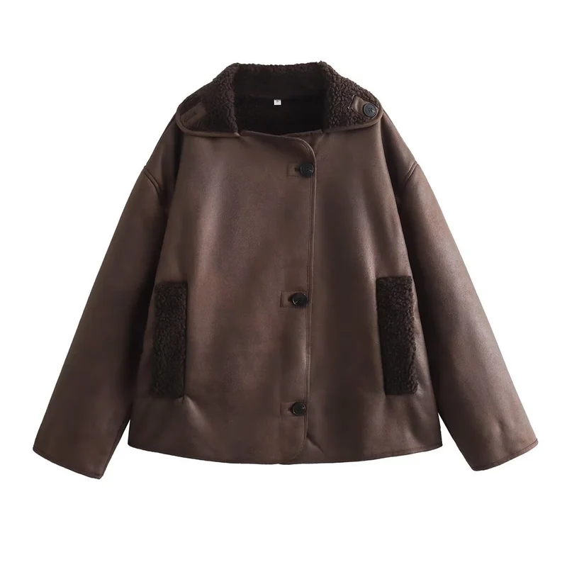 Damen Kurze Lammfelloptik Fliegerjacke mit Teddyfutter und Knopfleiste Drune
