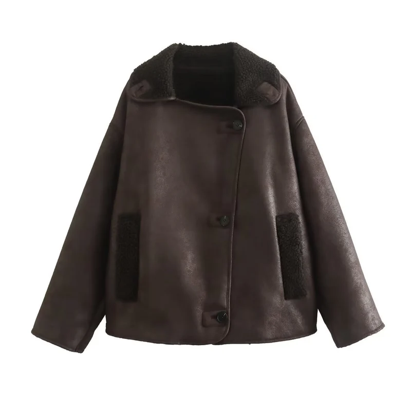 Damen Kurze Lammfelloptik Fliegerjacke mit Teddyfutter und Knopfleiste Drune