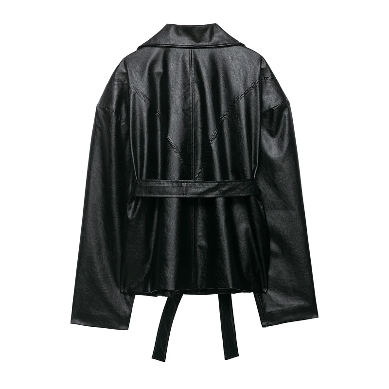Damen Kurze Kunstlederjacke mit Taillengürtel, Reißverschluss und markantem Kragen Drune