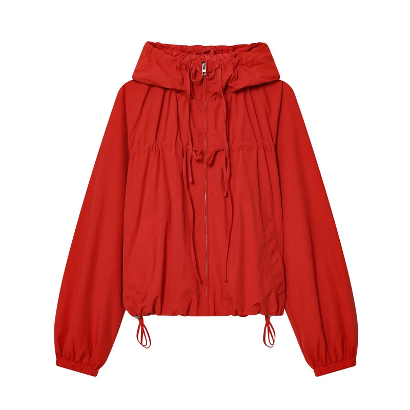 Damen Kurze Kapuzen-Windjacke mit Tunnelzug und Reißverschluss Drune