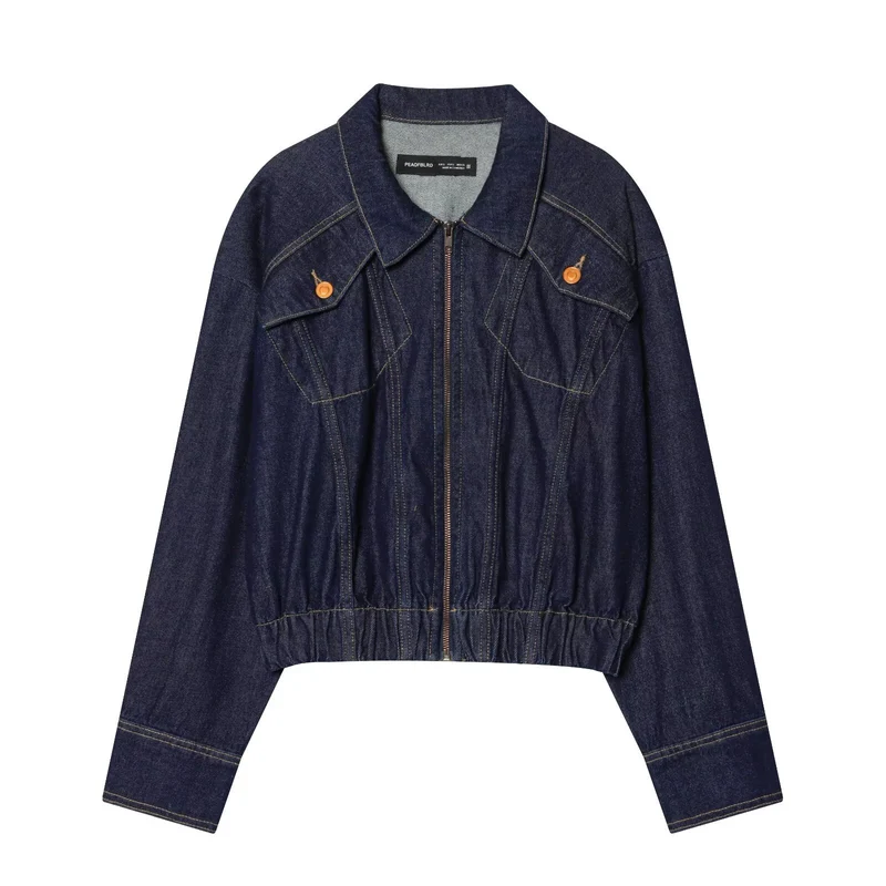 Damen Kurze Jeansjacke mit Reißverschluss, taillierter Kordelraffung und Western‑Details Drune