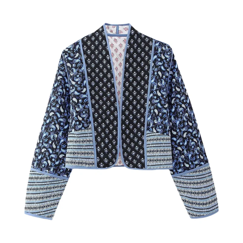 Damen Kurze gesteppte Patchwork‑Jacke mit Paisley‑ und Blumenprints, offener Kimono‑Schnitt und Kontrastpaspel Drune