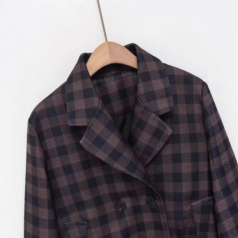 Damen Kurze Doppelreiher-Jacke im Karo-Design mit Reverskragen und Taillenbund Drune