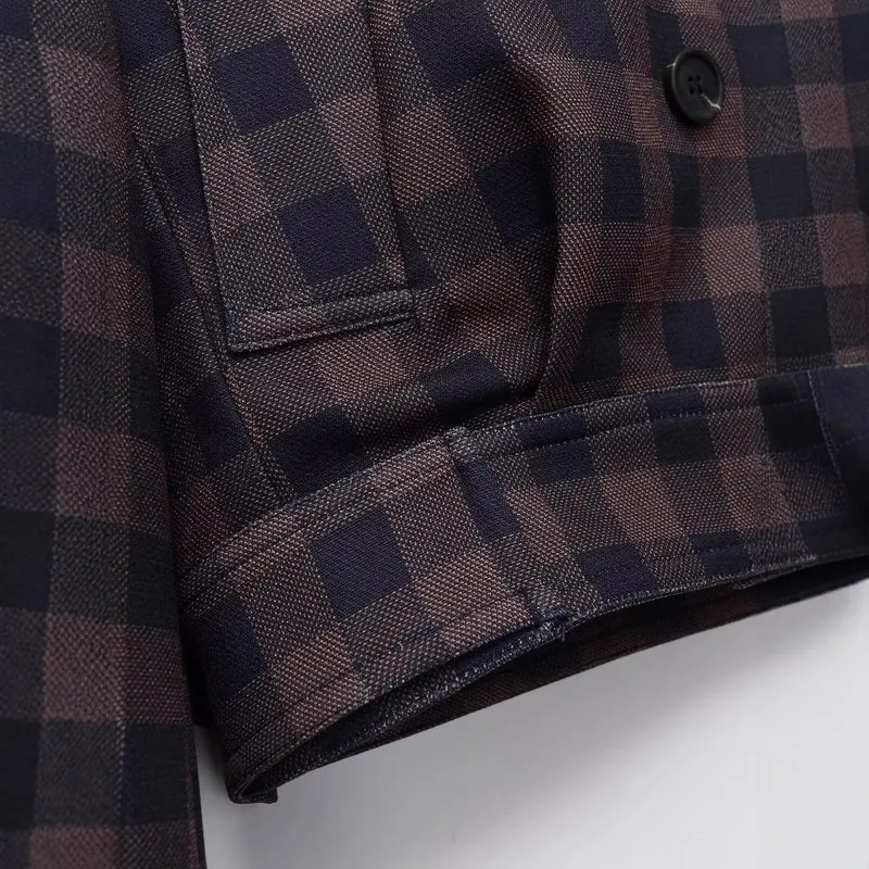 Damen Kurze Doppelreiher-Jacke im Karo-Design mit Reverskragen und Taillenbund Drune